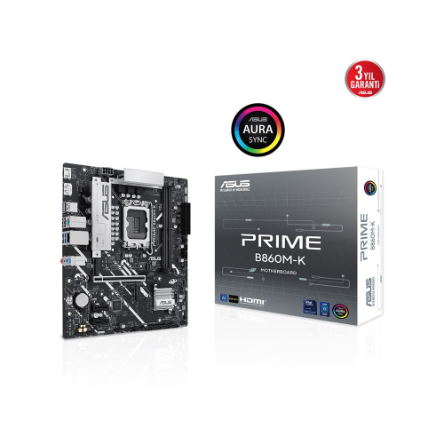 ASUS PRIME B860M-K, 8800MHz, 2xDDR5 2xM.2, HDMI, DP, Intel Core Ultra CPU(Seri 2), LGA1851 Soket Anakart