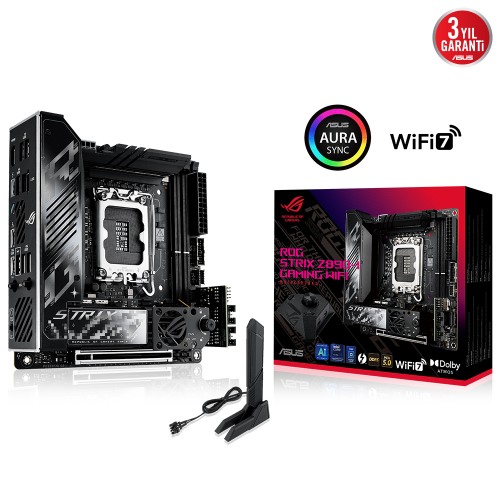 ASUS ROG STRIX Z890-I GAMING WIFI, 2xDDR5, 2xM.2, HDMI, 2xThunderbolt, 2xType-C, Wi-Fi 7, Mini ITX, Intel Core Ultra CPU(Seri 2), LGA1851 Soket, Gaming Anakart