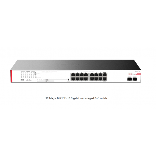 H3C H3C Magic BS218F-HP, 18 Port, GigaBit, 16 Port PoE, 225W, 2 Port GigaBit Uplink, +2 Port GigaBit SFP, Metal Kasa, Yönetilemez, Rack Mount Switch Resim-1