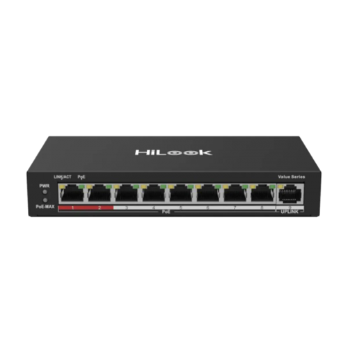 HILOOK NS-0109P-60(B), 8 Port, Megabit, 8 Port PoE, 60W, +1 Port Megabit Uplink, Long Range 250Metre, Yönetilemez, Masaüstü Switch