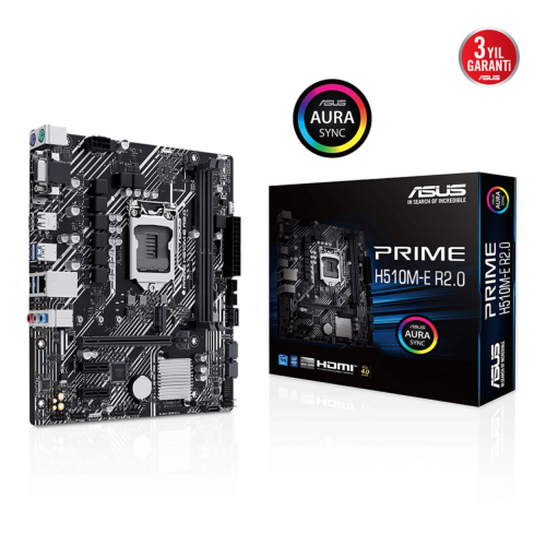 ASUS PRIME H510M-E R2.0, 2xDDR4, M.2, D-SUB, HDMI, DP, 10-11.Nesil, LGA1200 Soket, Anakart