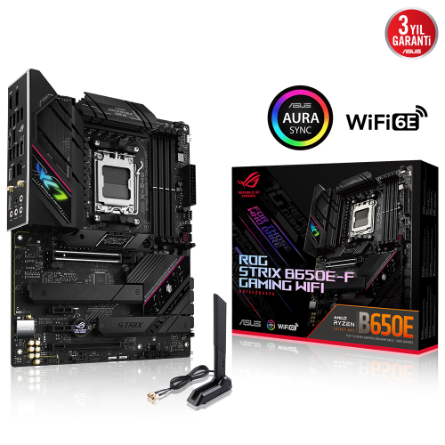 ASUS ROG STRIX B650E-F GAMING WIFI, 4xDDR5, 3x M2, HDMI, DP, 2xType-C, Wi-Fi 6E, Bluetooth v5.2, AMD Ryzen 7000 Serisi, AM5 Soket Anakart