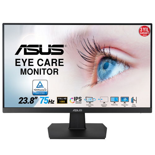 ASUS VA24EHE 23.8&quot; 5ms, 75Hz, Full HD, DP, HDMI, D-Sub, Çerçevesiz Tasarım, Düşük Mavi Işık, FreeSync, VA Panel Monitör