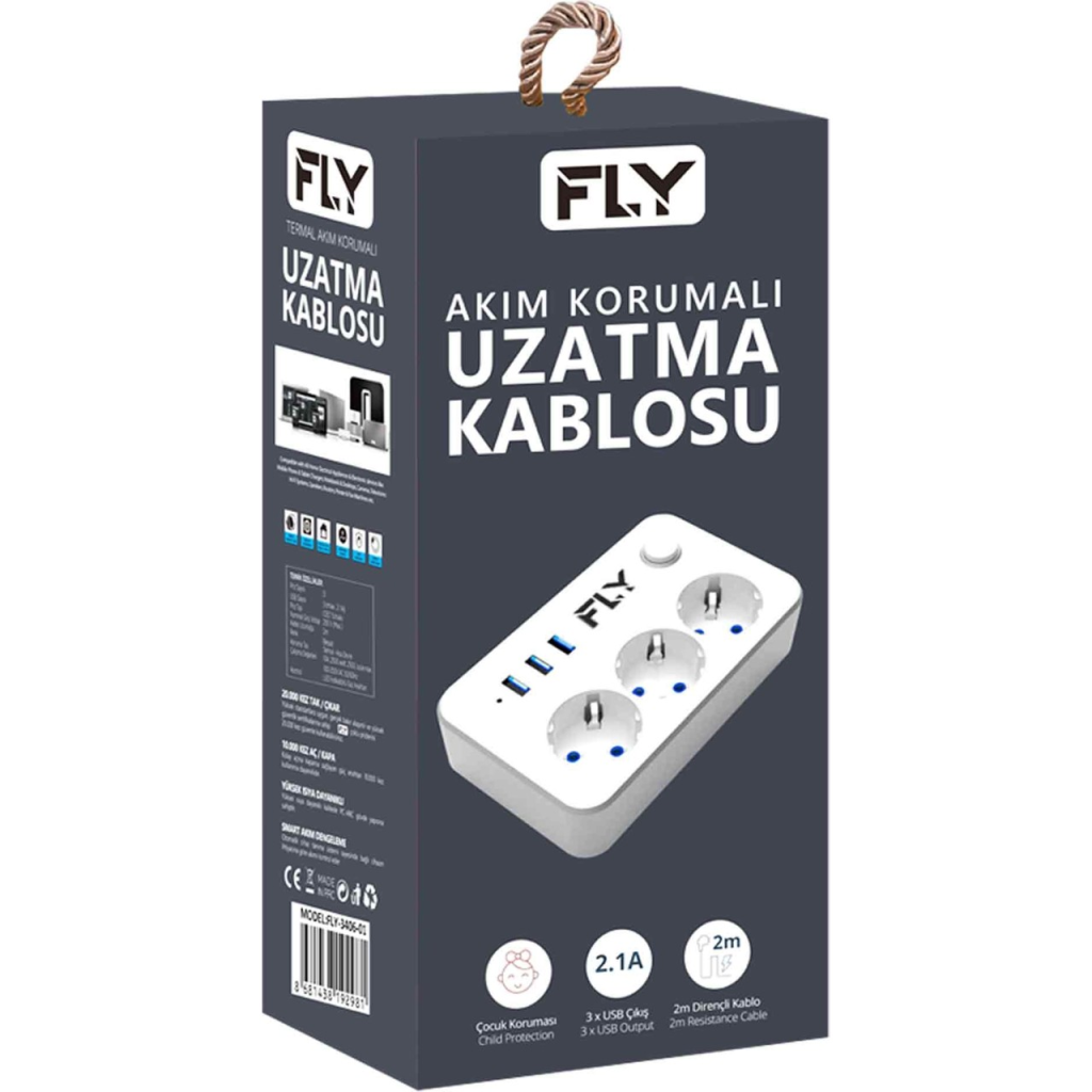 FLY 3406-01, 3 Soket, 3 USB, Akım Korumalı Priz, 2.1A, Anahtarlı, 2Mt Kablo, (Beyaz)