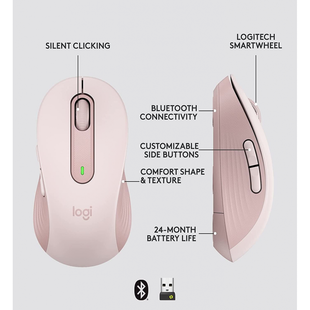 LOGITECH 910-006254, M650 Signature, Rose, Sağ El, USB Nano 2,4G Kablosuz, 4000dpi, Optik, 5 Tuşlu, 24ay Pil Ömrü, Sessiz Mouse