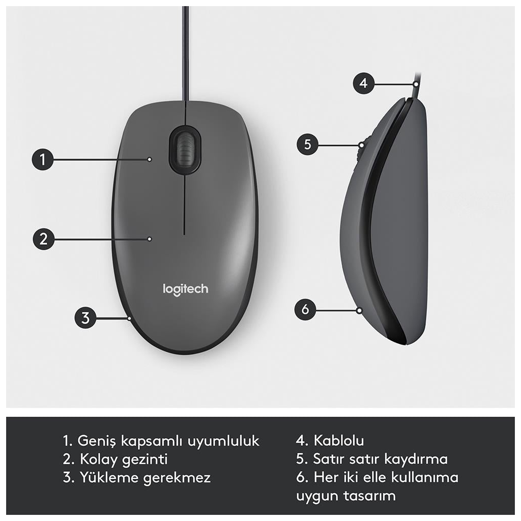 LOGITECH 910-006652, M100 Siyah, USB Kablolu, 1000dpi, Optik, 3 Tuşlu, Mouse