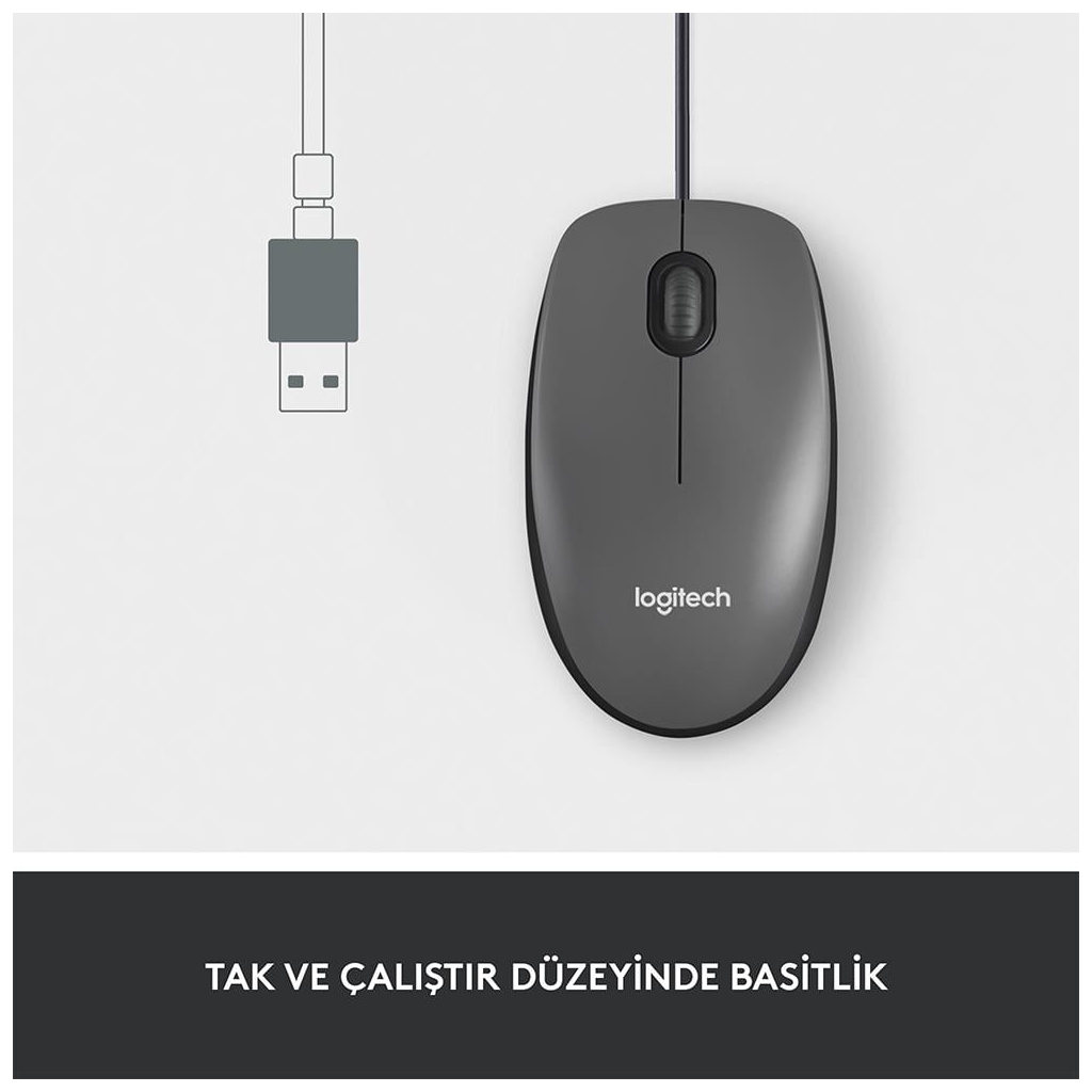 LOGITECH 910-006652, M100 Siyah, USB Kablolu, 1000dpi, Optik, 3 Tuşlu, Mouse