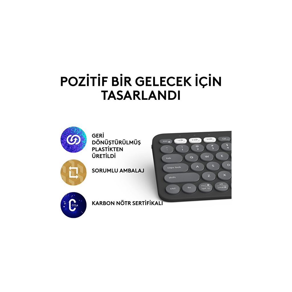 LOGITECH K380S, Pebble Keys 2,  Siyah, 920-011859, Bluetooth, Türkçe, Q, Multimedya, Mini Klavye