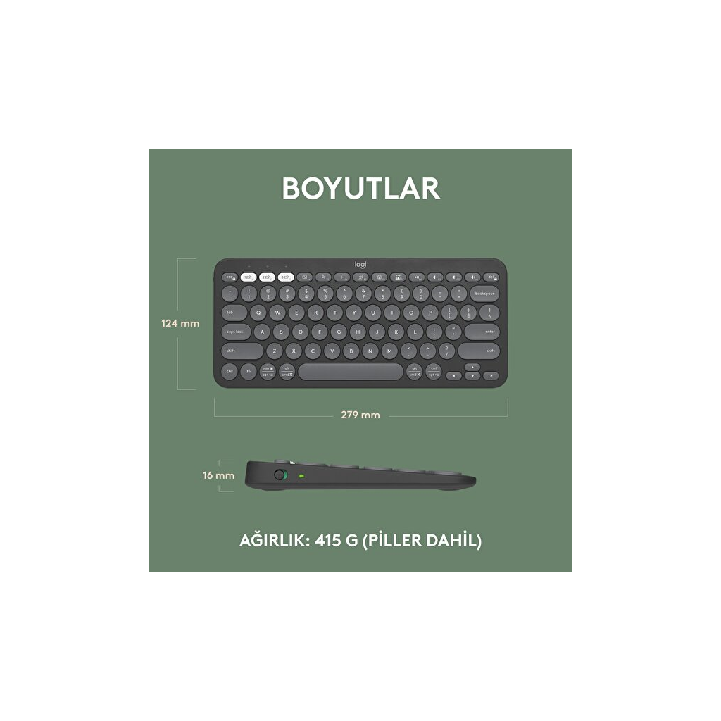 LOGITECH K380S, Pebble Keys 2,  Siyah, 920-011859, Bluetooth, Türkçe, Q, Multimedya, Mini Klavye