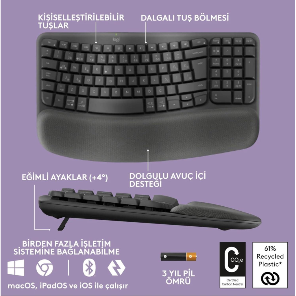 LOGITECH WAVE, 920-012311, Kablosuz, Türkçe Q, Multimedya, Dolgu Bileklikli Klavye