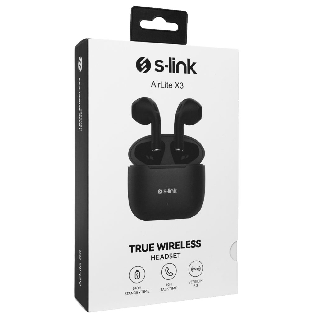 S-LINK AirLite X3, Siyah, Bluetooth 5.3, Kablosuz, TWS Kulak içi, Dokunmatik Kontrol, 16saat Çalma Süresi, Microfonlu Kulaklık