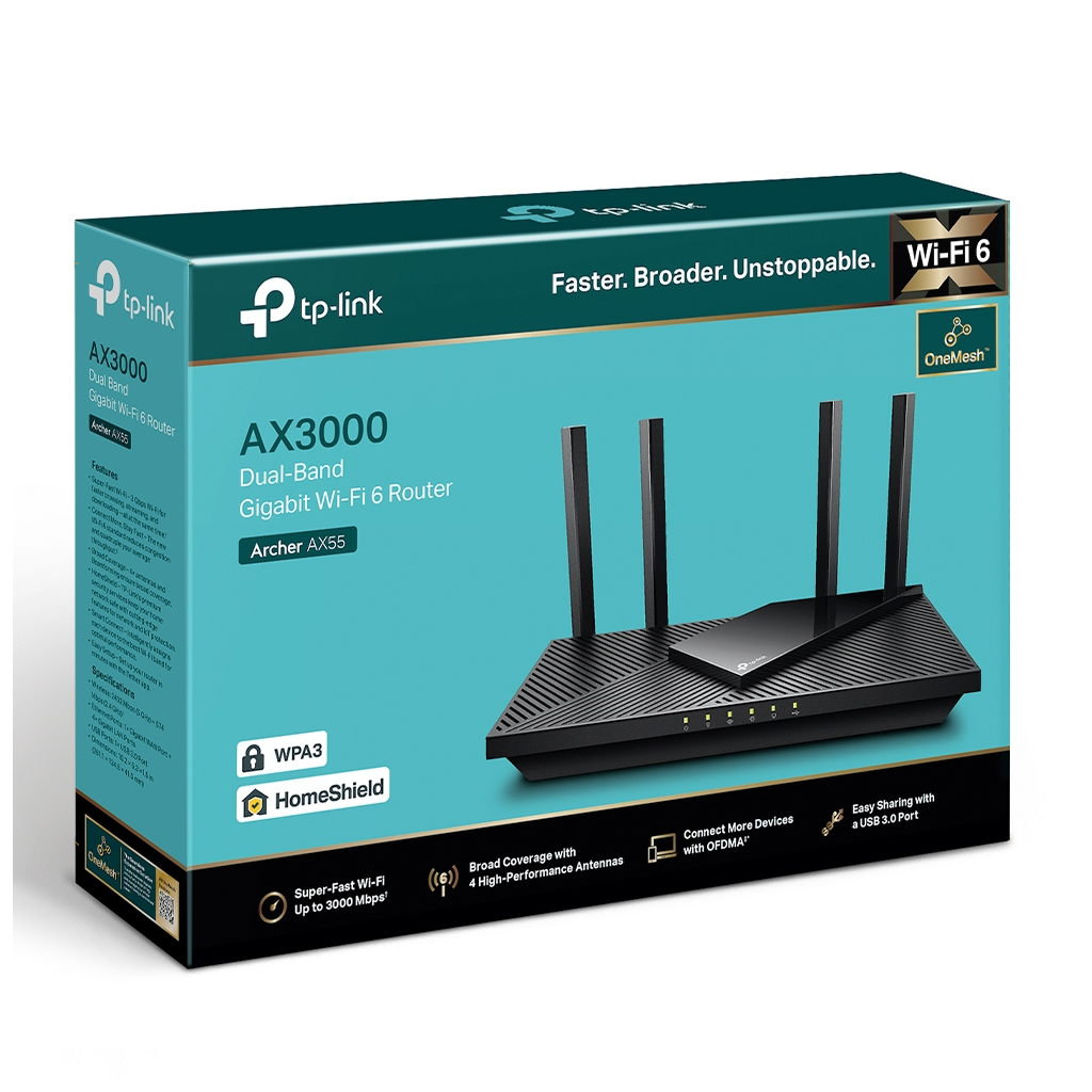 TP-LINK ARCHER AX55, AX3000, 4Port, 574-2402Mbps, Dual Band, Wifi 6, Masaüstü, Gigabit, Router, Access Point