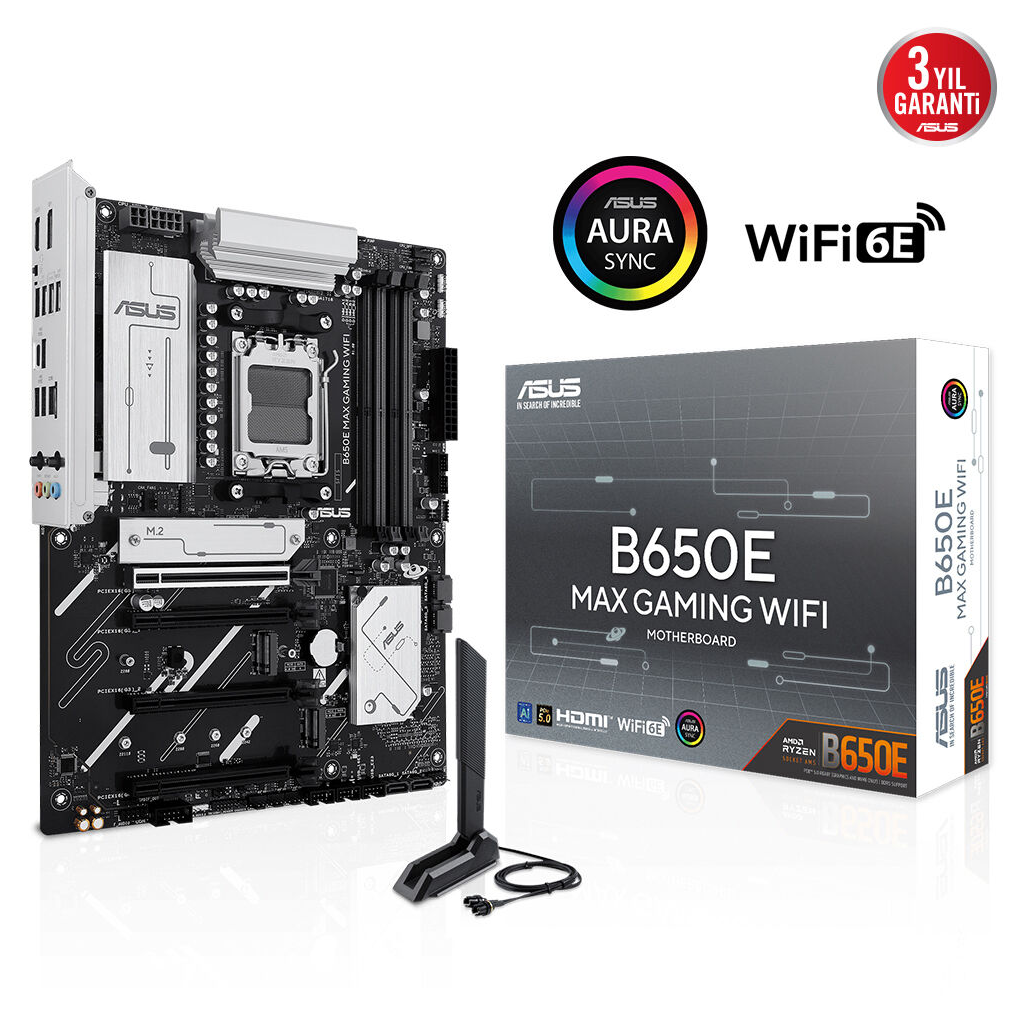 ASUS B650E MAX GAMING WIFI, 4xDDR5, 3xM.2, DP, HDMI, Type-C, Wi-Fi 6E, Bluetooth v5.3, AMD Ryzen 7000 Serisi, AM5 Soket Gaming Anakart