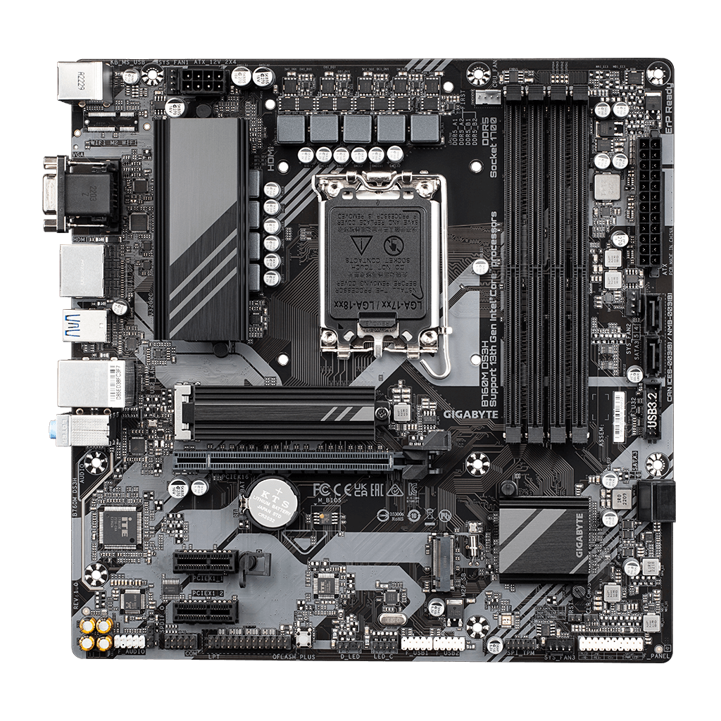 GIGABYTE B760M DS3H, rev.1.0, 4xDDR5, 2xM.2, 2xDP, HDMI, VGA, 12-13-14.Nesil, LGA1700 Soket, Anakart