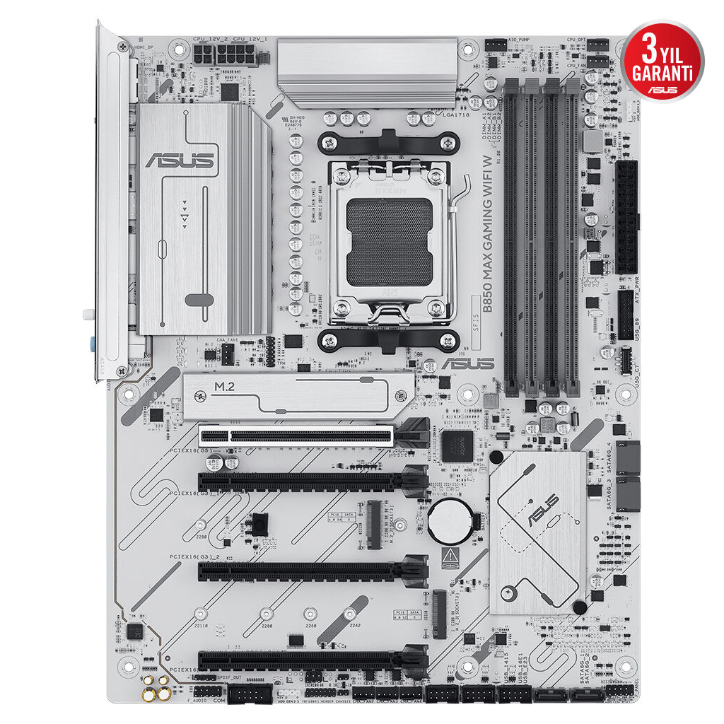 ASUS B850 MAX GAMING WIFI W, 4xDDR5, 3x M2, HDMI, DP, Type-C, Wi-Fi 6E, Bluetooth v5.3, AM5 Soket GAMING BEYAZ Anakart