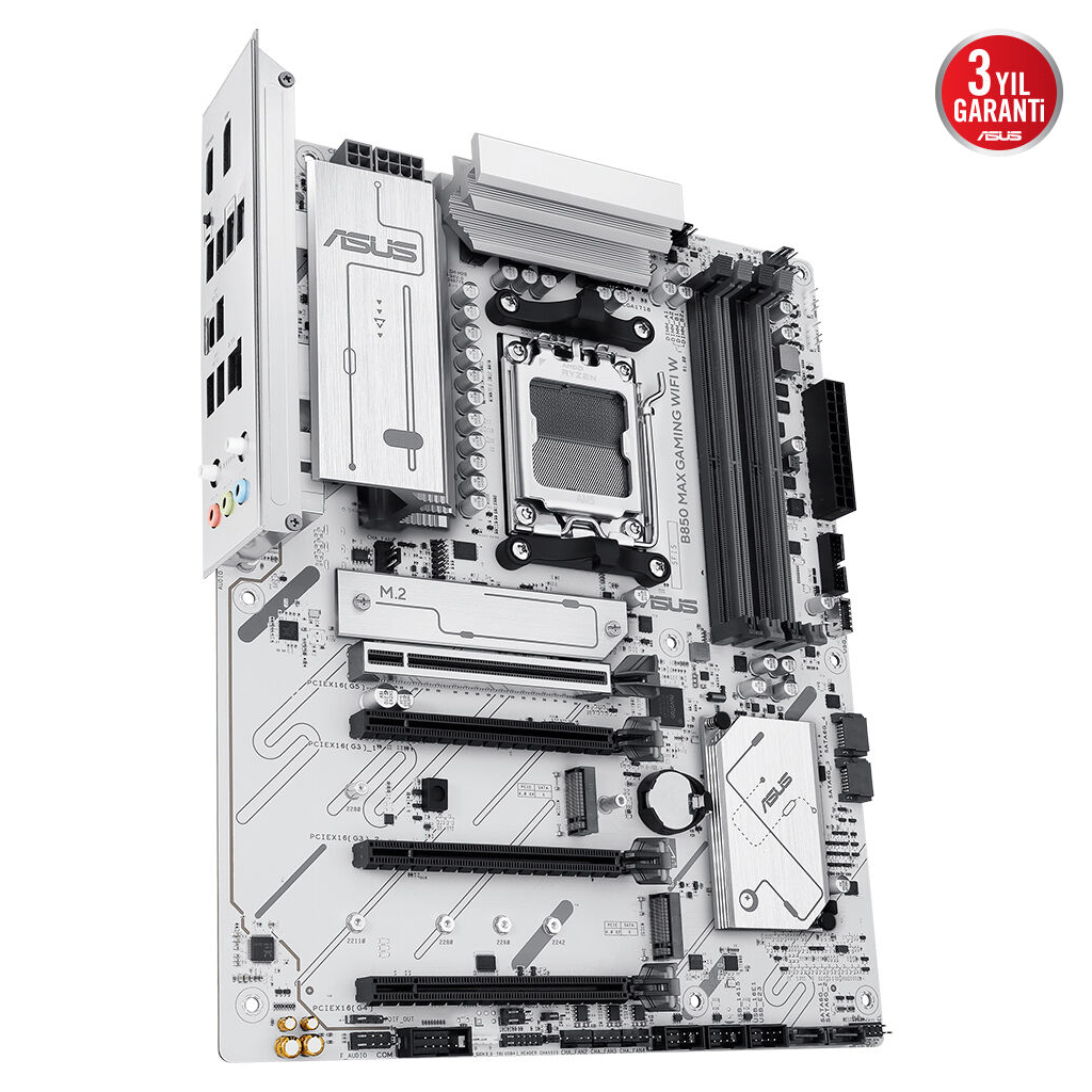 ASUS B850 MAX GAMING WIFI W, 4xDDR5, 3x M2, HDMI, DP, Type-C, Wi-Fi 6E, Bluetooth v5.3, AM5 Soket GAMING BEYAZ Anakart
