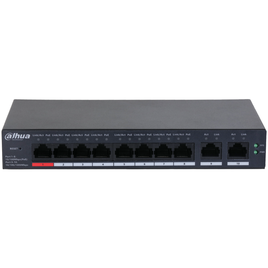 DAHUA CS4010-8ET-110, 8 Port, Megabit, 8 Port PoE, 110W, +2 Port Uplink, Cloud Yönetilebilir, Switch