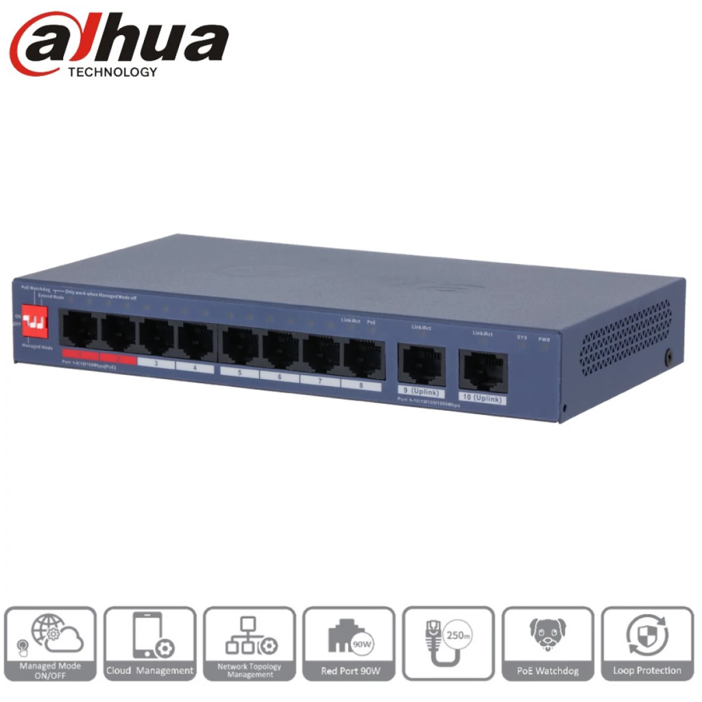 DAHUA CS4010-8ET2GT-110 8 Port, Megabit, PoE 110W, 2 Port Uplink, Cloud Yönetilebilir, Switch