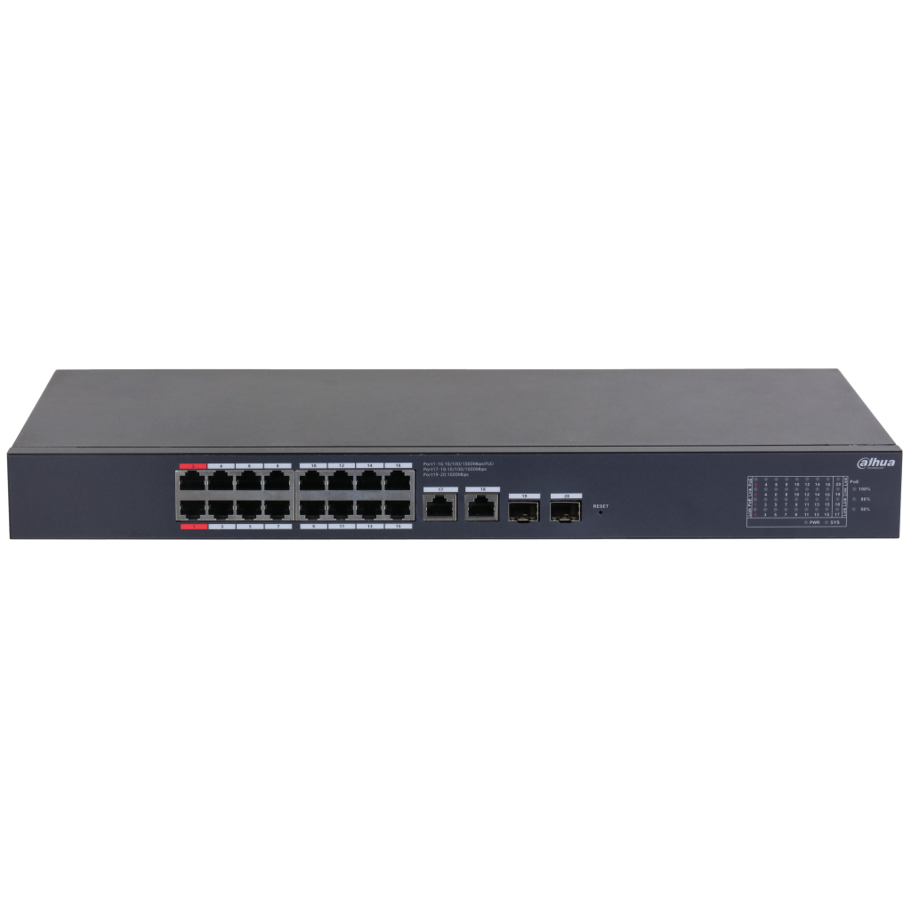 DAHUA CS4220-16GT-190, 16Port, Gigabit, 16 Port PoE, 190W, +2 Port Gigabit Uplink, +2 Port SFP Gigabit Combo, Cloud Yönetilebilir, Switch