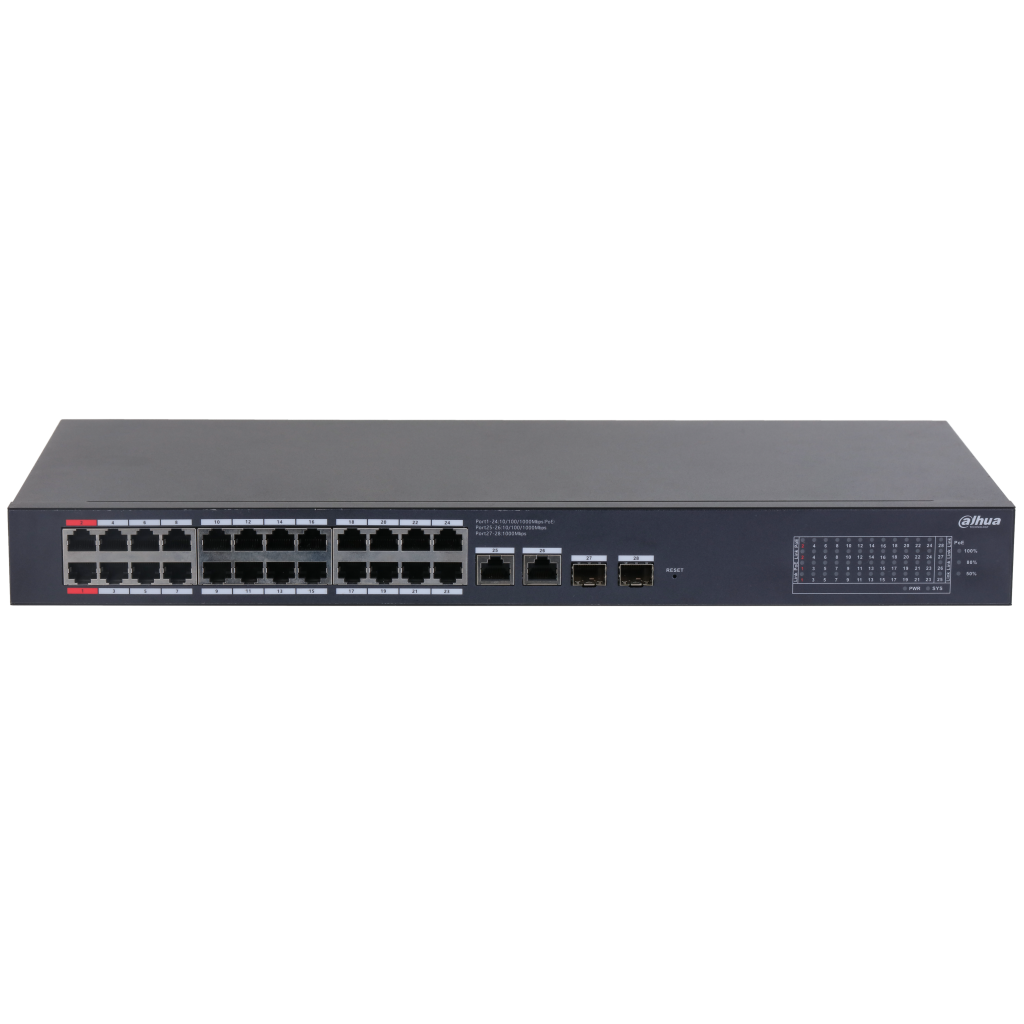 DAHUA CS4228-24GT-375 28Port, Gigabit, 24 Port PoE, 375W, +2 Port Uplink, +2 Port SFP Gigabit Combo, Cloud Yönetilebilir, Switch