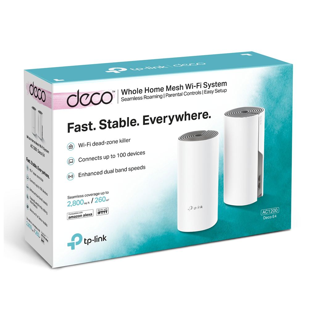 TP-LINK DECO-E4, AC1200, İkili Mesh, 300-867Mbps, Dual Band, 2Port Megabit Lan, 260m2 kapsama Alanı, Router, Geniş Alan İnternet Ağı Sağlayıcısı