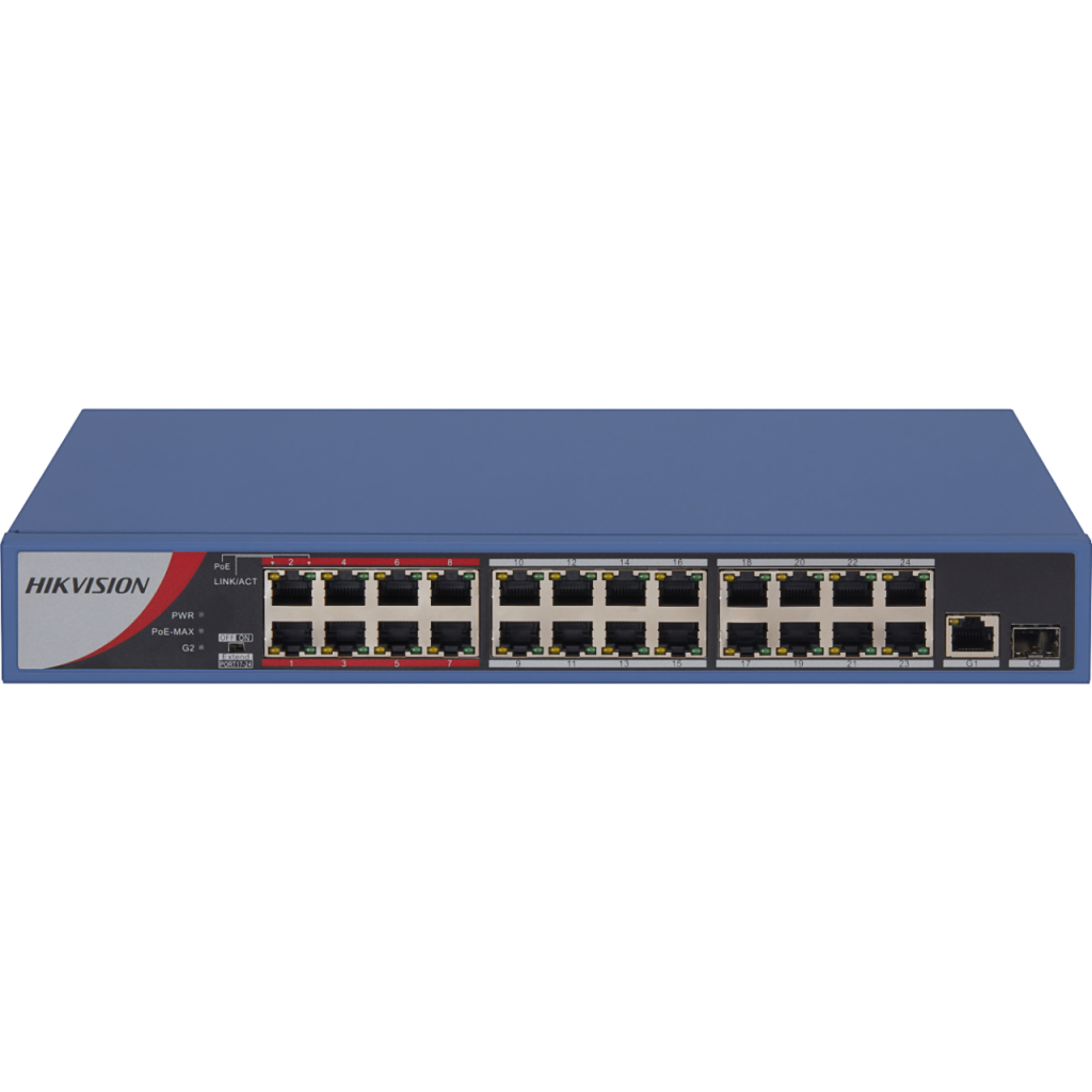 HIKVISION DS-3E0326P-E/M(B), 26 Port, MegaBit, 24 Port PoE, 250W, +1 Port GigaBit Uplink, +1 Port GigaBit SFP, Yönetilemez, Rack Mount Switch