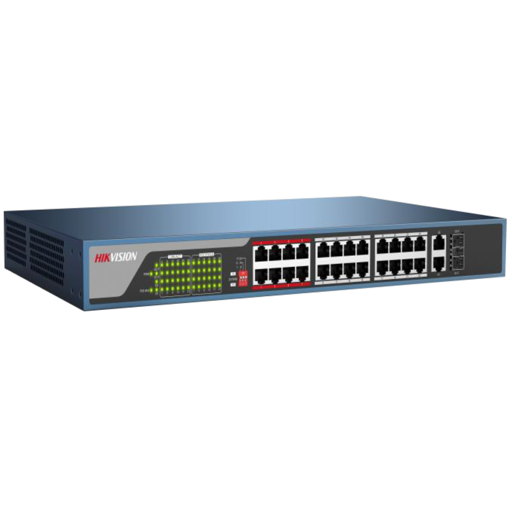 HIKVISION DS-3E0326P-E/M(B), 26 Port, MegaBit, 24 Port PoE, 250W, +1 Port GigaBit Uplink, +1 Port GigaBit SFP, Yönetilemez, Rack Mount Switch