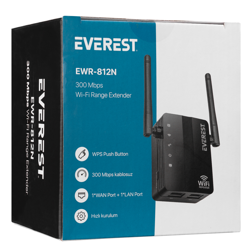 EVEREST EWR-812N, 300Mbps, 2,4Ghz, WPS Butonu, 1Port LAN, 1Port WAN, Menzil Genişletici