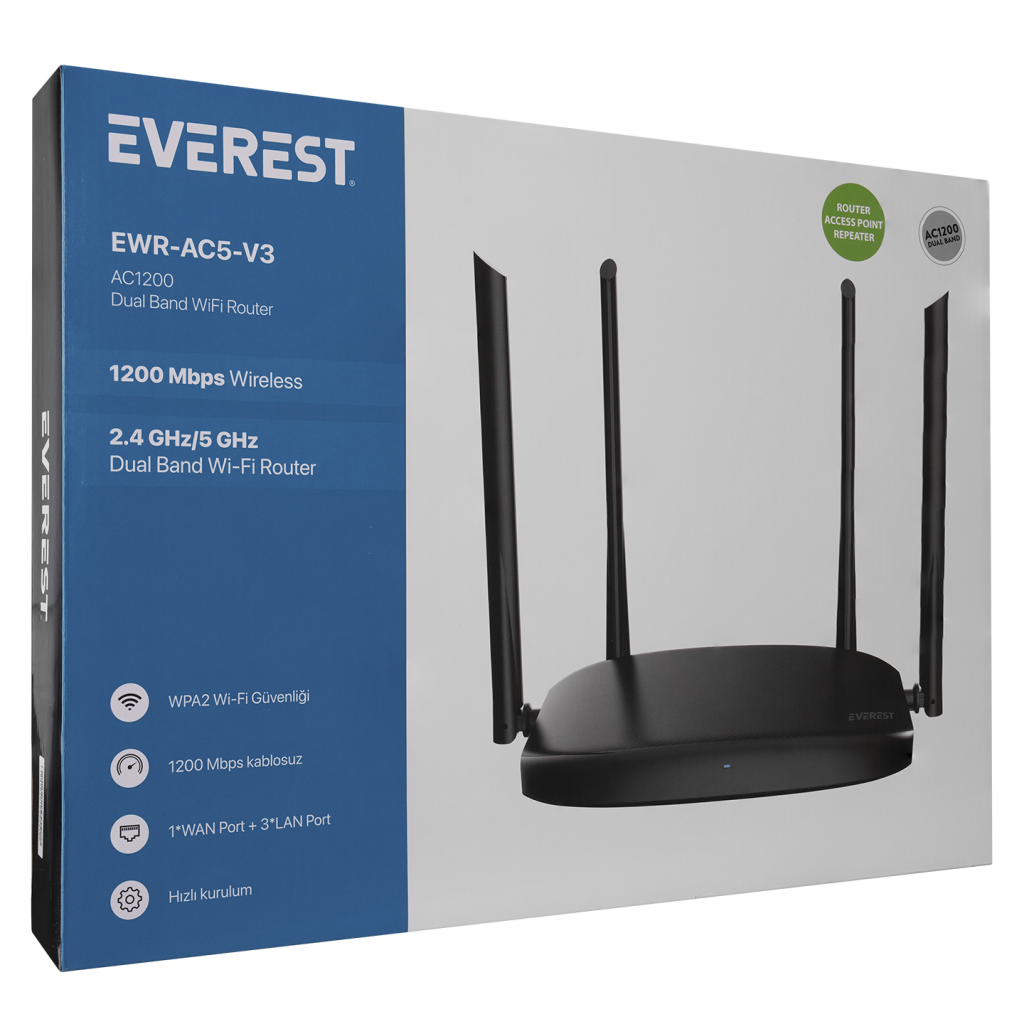 EVEREST EWR-AC5-V3, AC1200, 4Port, 1 WAN, 300-867Mbps, Dual Band Wifi, Masaüstü, Megabit, WISP, Repeater, Router, Access Point