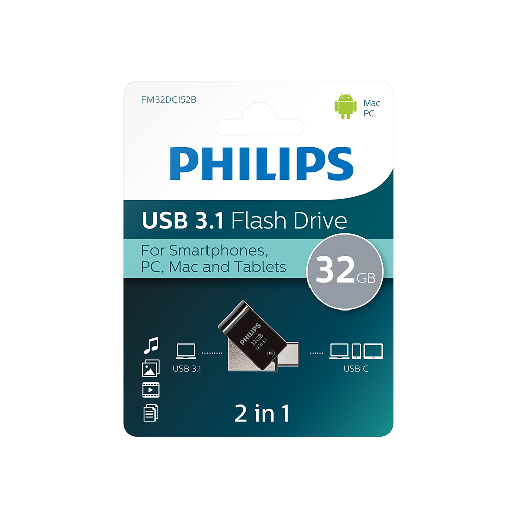 PHILIPS FM32DC152B, 32GB, USB 3.1 ve Type-C, İkisi Bir Arada, Gece Siyahı, Flash Disk