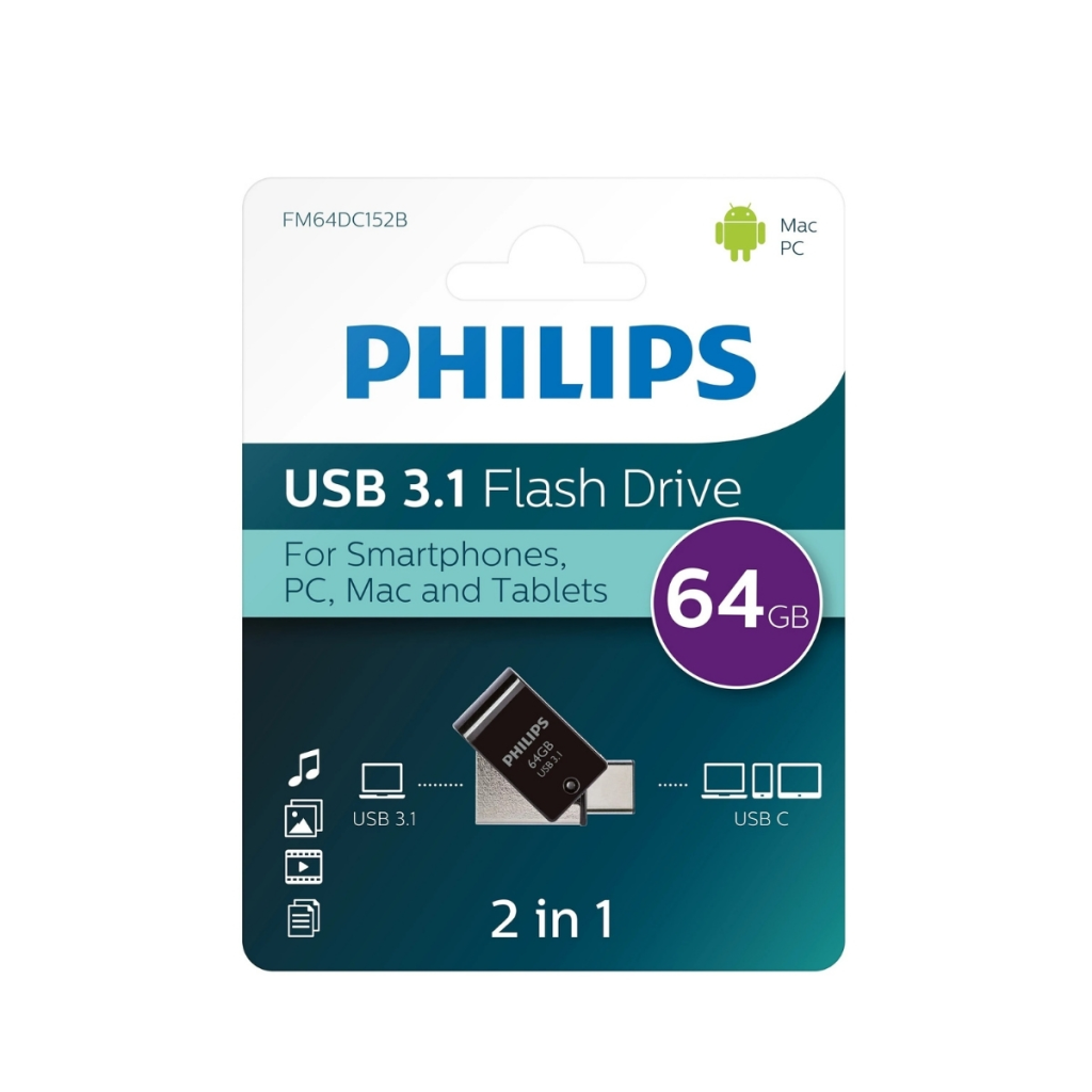 PHILIPS FM64DC152B, 64GB, USB 3.1 ve Type-C, İkisi Bir Arada, Gece Siyahı, Flash Disk
