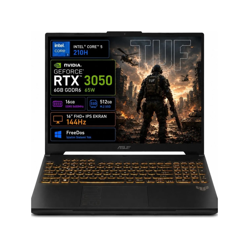 ASUS Tuf Gaming F16, FX607VJB-RL037, Core 5-210H, 16" FHD, 144Hz IPS, 16Gb Ram, 512Gb SSD, 6GB RTX3050 Ekran Kartı, Free Dos, GAMING Notebook.