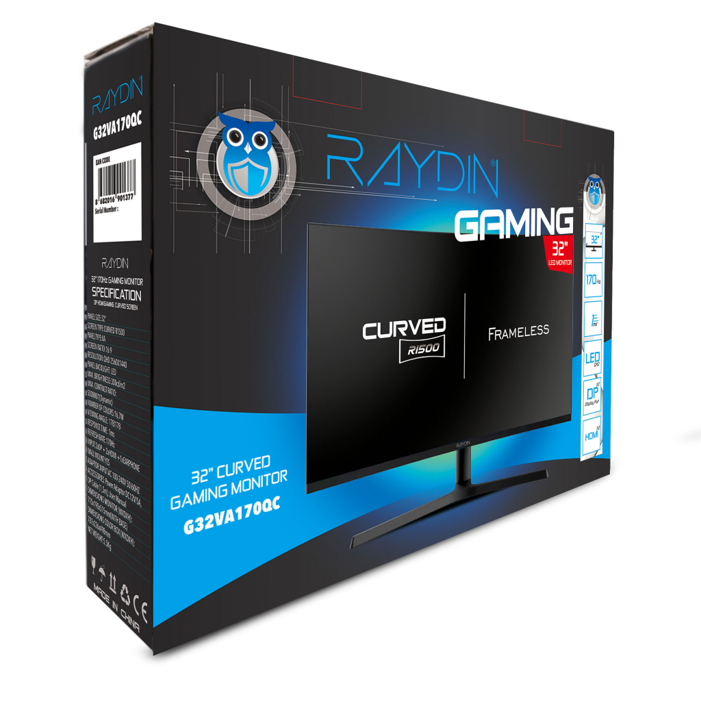 RAYDIN G32VA170QC, 32&quot;, 1ms, 170Hz, 2K Quad HD, HDMI, DP, USB, Hoparlör, VA LED, R1800 Curved, Frameless, Yükseklik Ayarlı, FreeSync Gaming Monitör