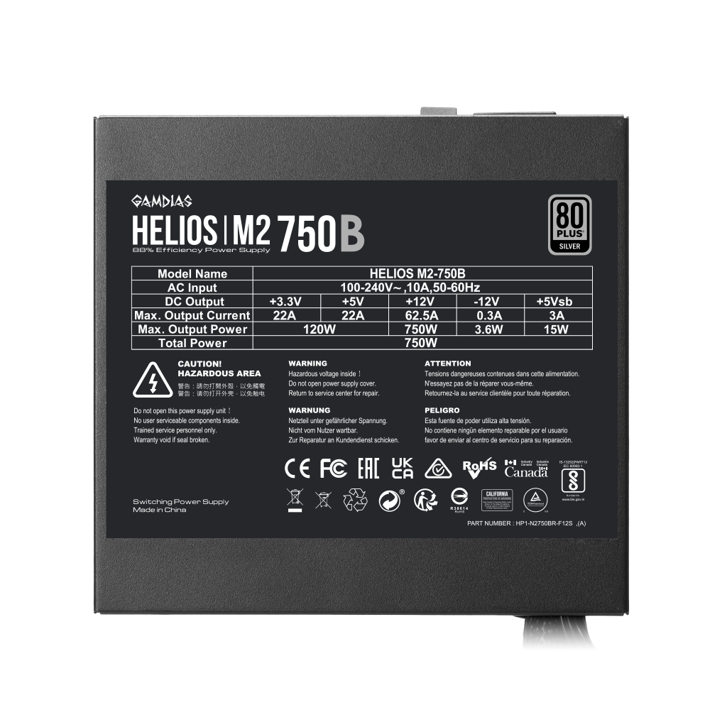 GAMDIAS HELIOS M2-750B, 750W, 80+ Silver, Aktif PFC, GAMING, ATX, Power Supply (PSU)