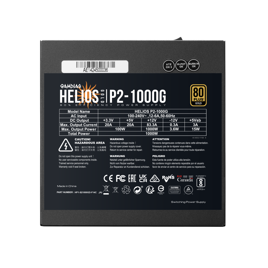 GAMDIAS HELIOS P2-1000G, 1000W, 80+ Gold, Full Modüler, Aktif PFC, GAMING, ATX, Power Supply (PSU)