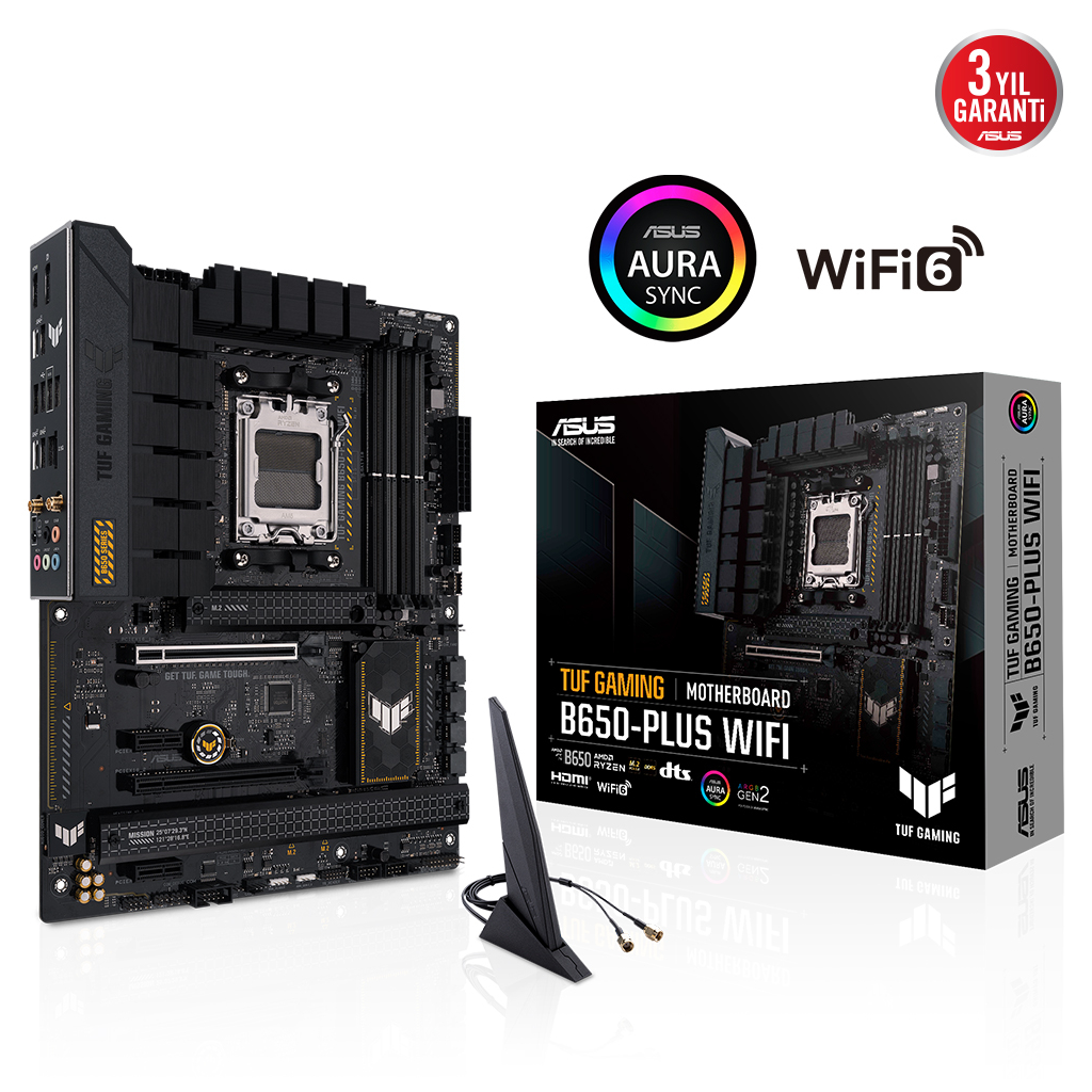 ASUS TUF GAMING B650-PLUS WIFI, 4xDDR5, 3x M.2, HDMI, DP, 2xType-C, Wİ-Fİ 6, Bluetooth v5.2, AMD Ryzen 7000 Serisi, AM5 Soket Anakart