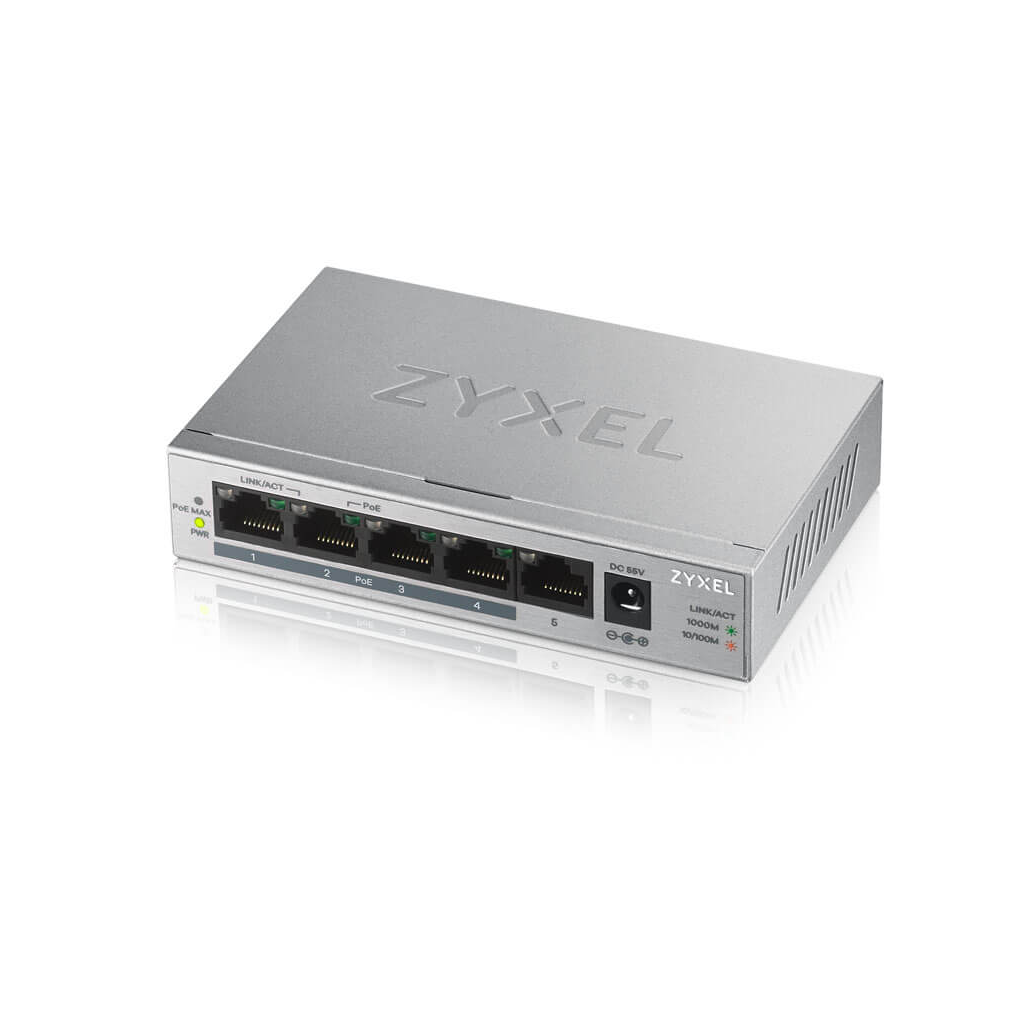 ZyXEL GS1005HP, 5 Port, GigaBit, 5 Port PoE 60W, Yönetilemez, Masaüstü Switch