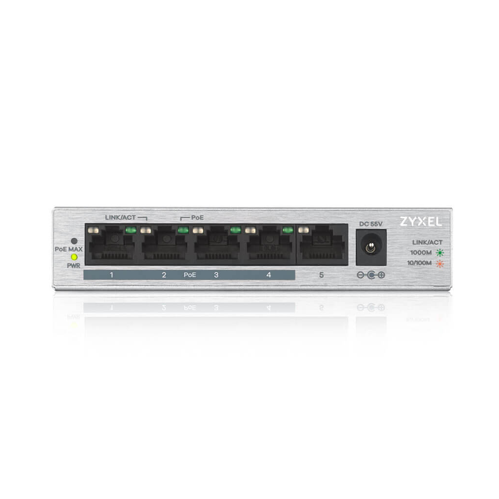 ZyXEL GS1005HP, 5 Port, GigaBit, 5 Port PoE 60W, Yönetilemez, Masaüstü Switch