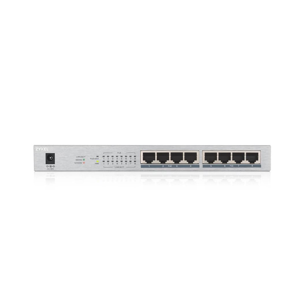 ZyXEL GS1008HP, 8 Port, GigaBit, 8 Port PoE 60W, Yönetilemez, Masaüstü Switch