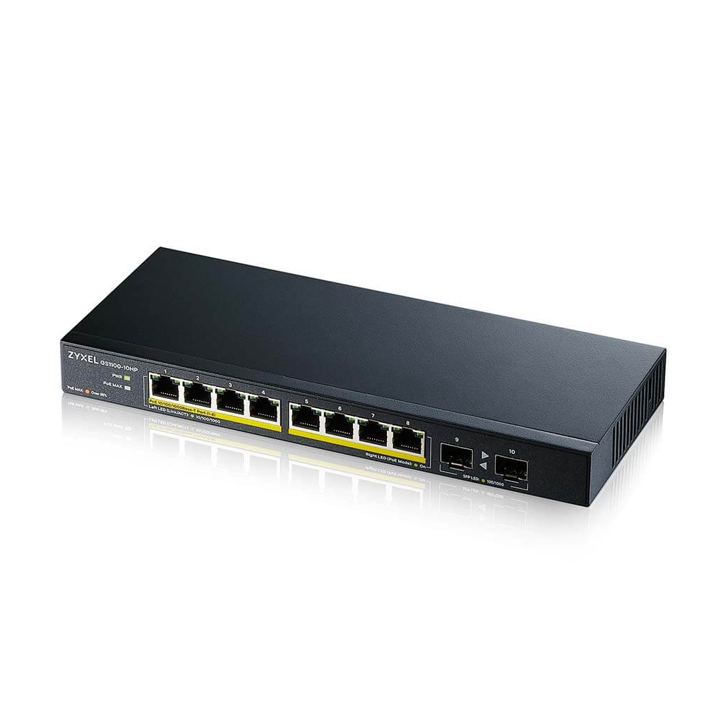 ZyXEL GS1100-10HP, 8 Port, Gigabit, 8Port PoE 130W +2Port GigaBit SFP, Yönetilemez, Masaüstü Switch