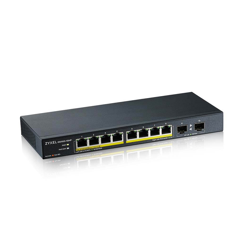 ZyXEL GS1100-10HP, 8 Port, Gigabit, 8Port PoE 130W +2Port GigaBit SFP, Yönetilemez, Masaüstü Switch