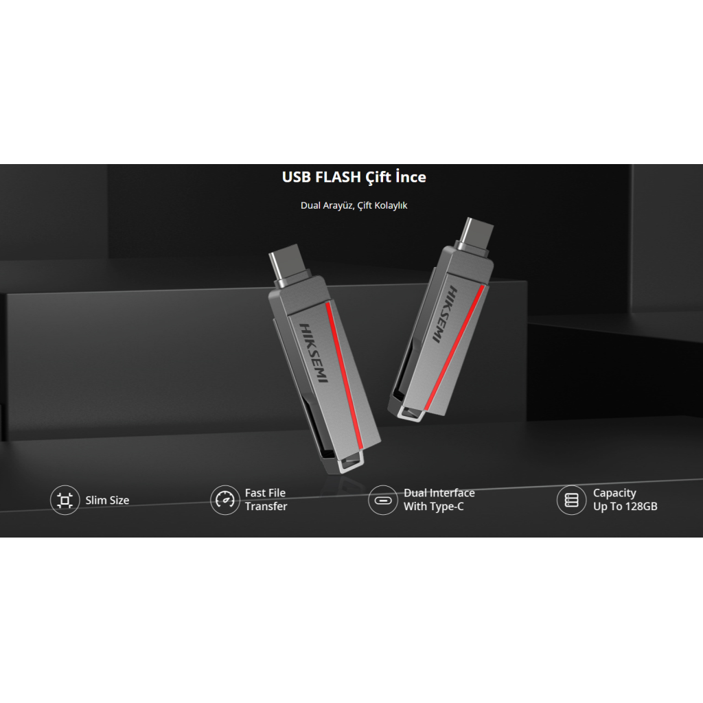 HIKSEMI Dual Slim, HS-USB-E307C, 128GB, USB 3.2, Type-C, Metal Kasa, Sağlam ve İnce Gövde, Flash Disk