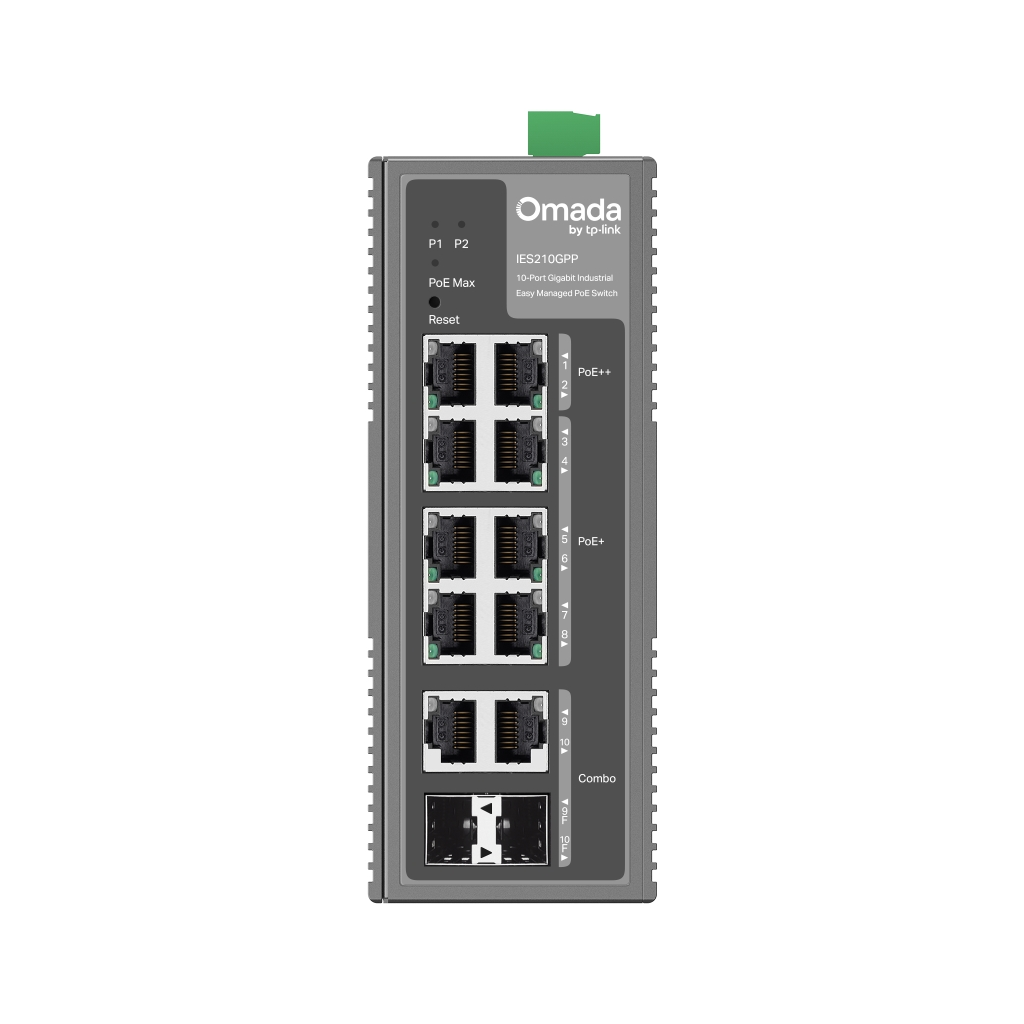 OMADA IES210GPP Industrial, 10 Port Gigabit, 6 Port Poe+, 2 Port Poe++, 2 Port Combo SFP, 240W, Yönetilebilir Endüstriyel Switch