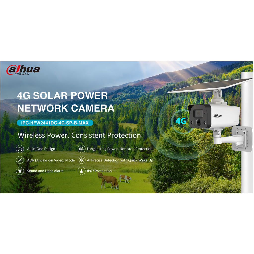 DAHUA IPC-HFW2441DG-4G-SP-B-MAX  4Mpix, 3,6mm   Lens, H265+, 30Mt Gece Görüşü, Dahili Mikrofon, IP67,  Solar(Güneş Enerjili) IP Kamera