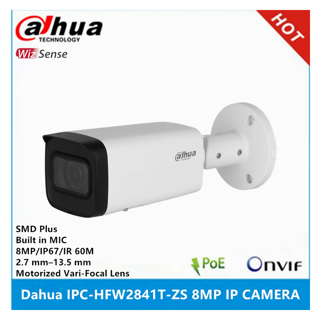 DAHUA IPC-HFW2841T-ZAS-27135 8Mpix, 2,7-13,5mm  Motoriz Lens, H265+, 80Mt Gece Görüşü, Dahili Mikrofon, Starlight, IP67,  PoE Bullet IP Kamera