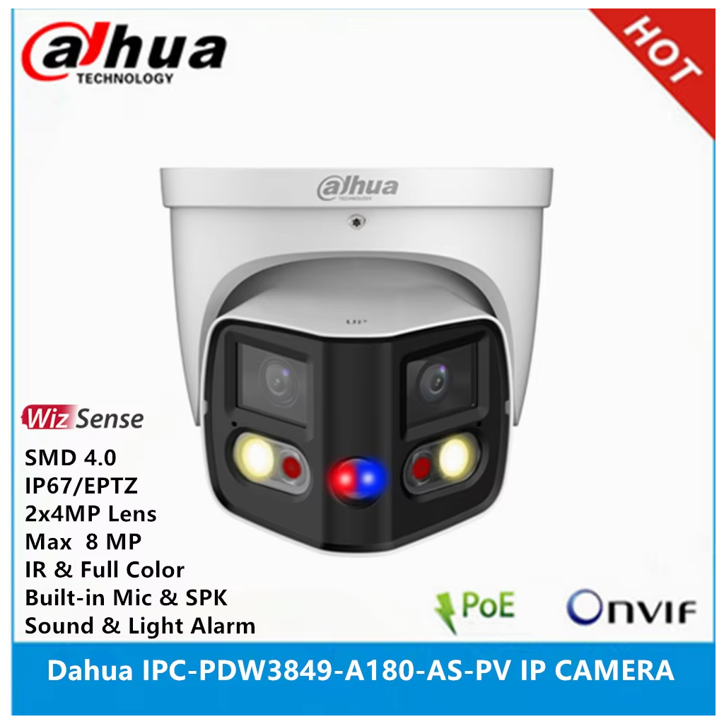 DAHUA  IPC-PDW3849-A180-AS-PV  2X4Mpix, 2,8mm Lens,H265+, 25Mt Gece Görüşü, IP67, Dahili Mikrofon, TiOC Duo Süper Geniş Açı Dome Ip Kamera