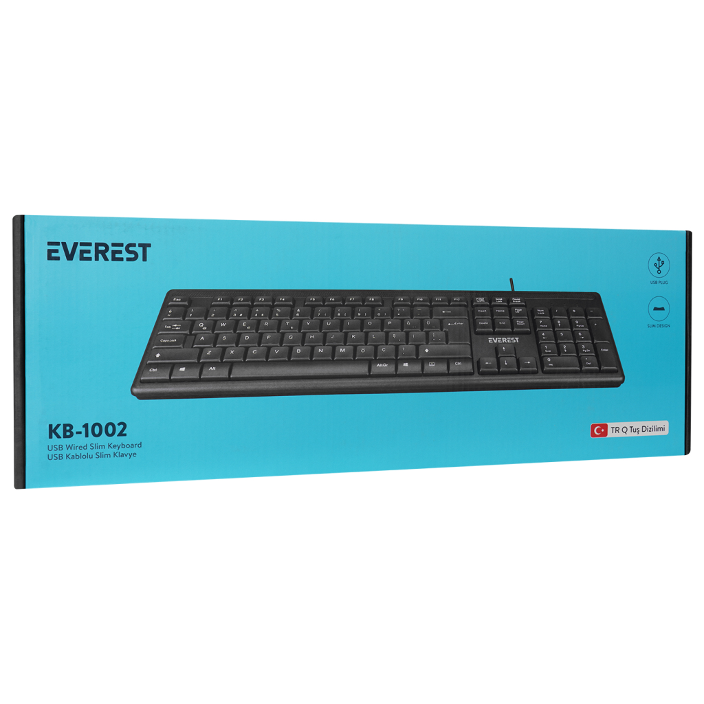 EVEREST KB-1002, USB Kablolu, Türkçe Q, Standart Klavye (Siyah)