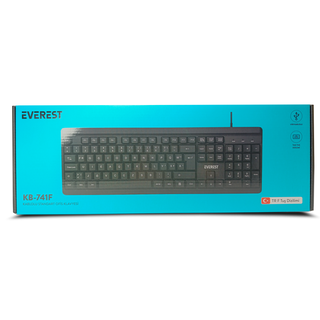 EVEREST KB-741F, USB Kablolu, Türkçe F,  2 metre Bakır Kablolu, Standart Klavye (Siyah)