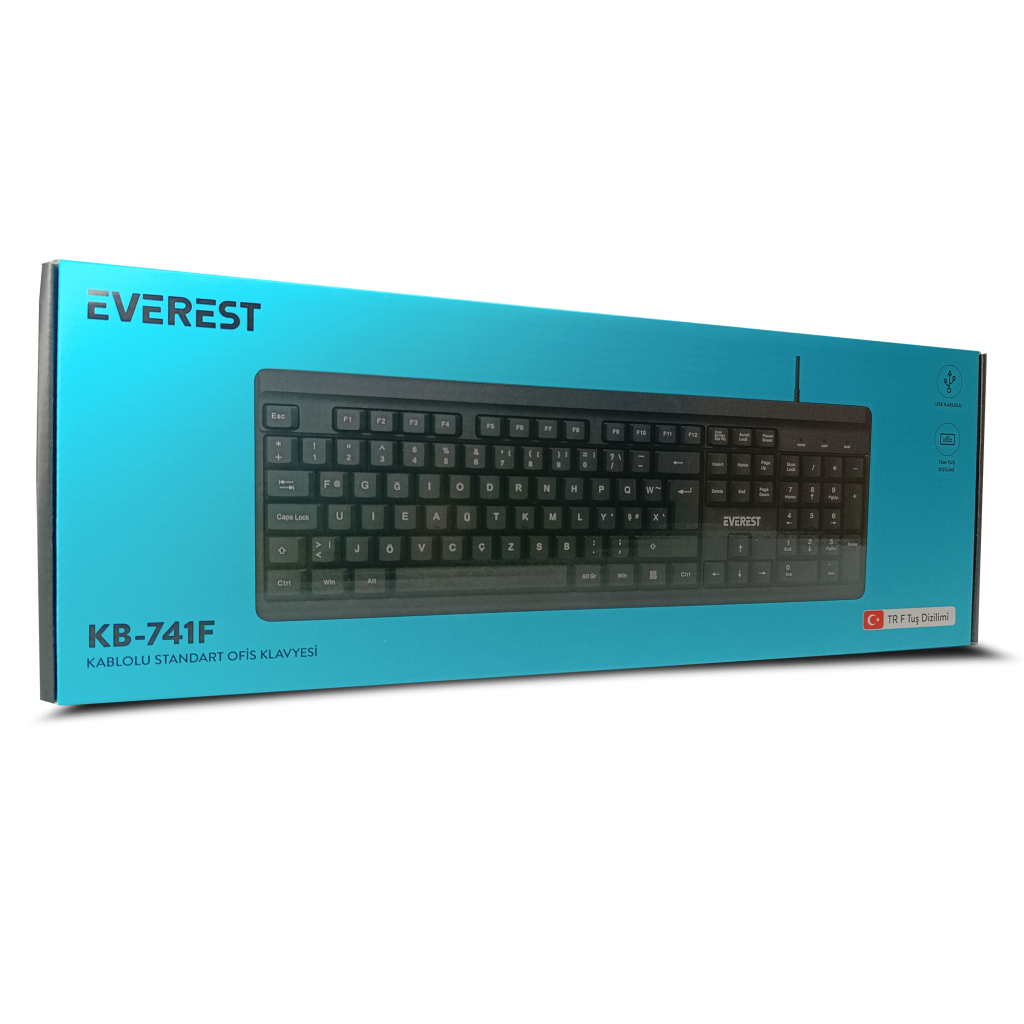 EVEREST KB-741F, USB Kablolu, Türkçe F,  2 metre Bakır Kablolu, Standart Klavye (Siyah)