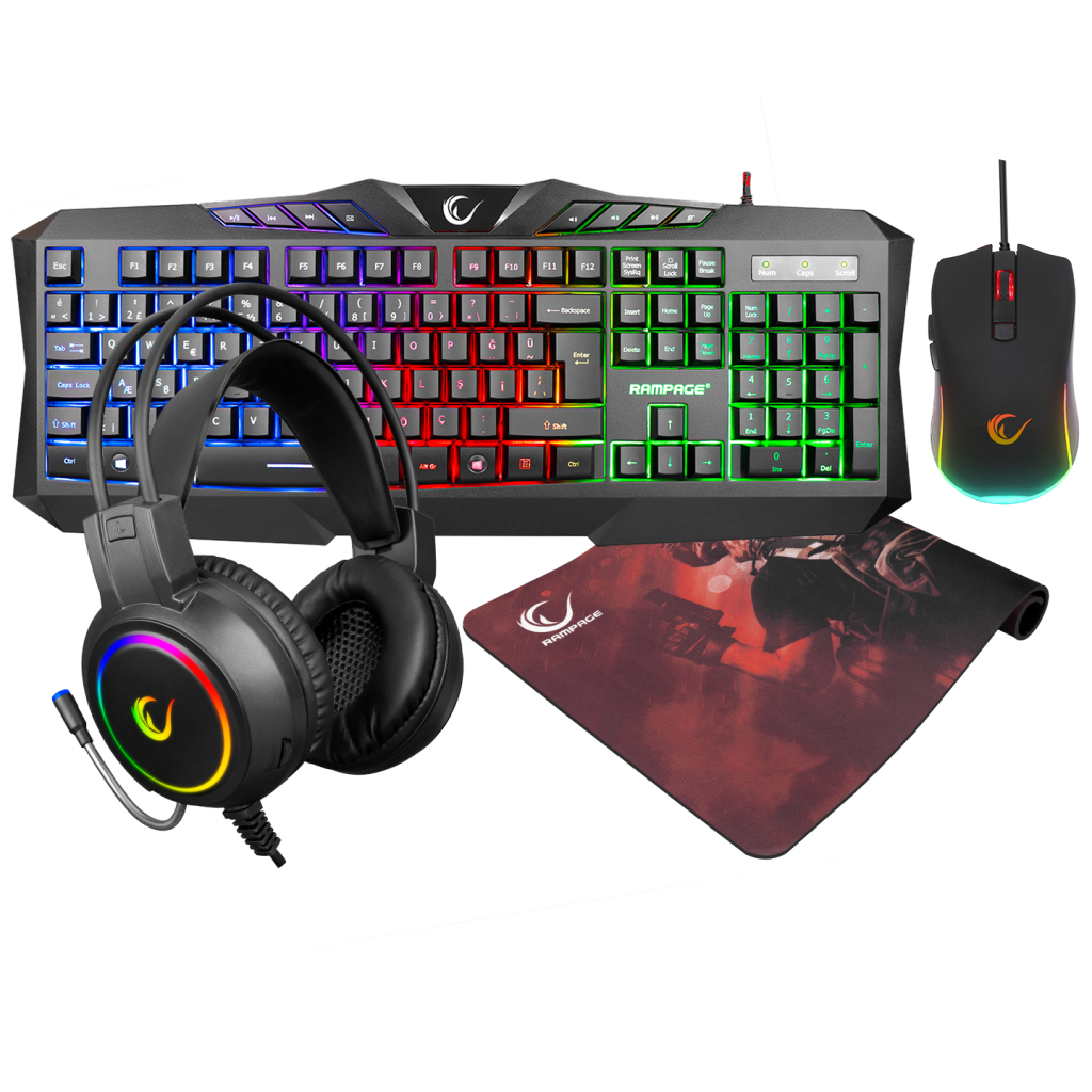 RAMPAGE KM-404, ARGENTI, Rainbow Işıklı, Türkçe Q, USB Kablolu, Gaming, Klavye, Mouse, Kulaklık, Mousepad Set
